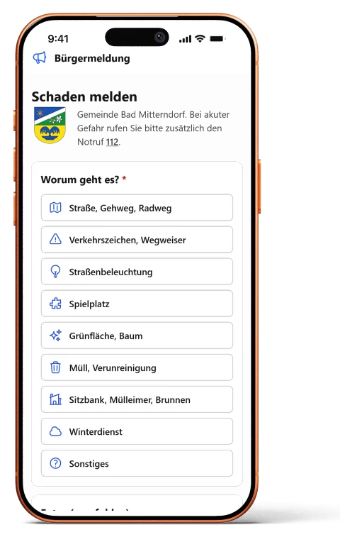 Öffentliches Bürgermeldungs-Formular am Handy mit Kategorien wie Straße, Beleuchtung oder Spielplatz