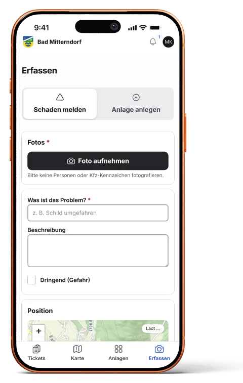 App-Ansicht „Erfassen“ mit Umschalter zwischen Schaden melden und Anlage anlegen, Fotoaufnahme und Positionskarte