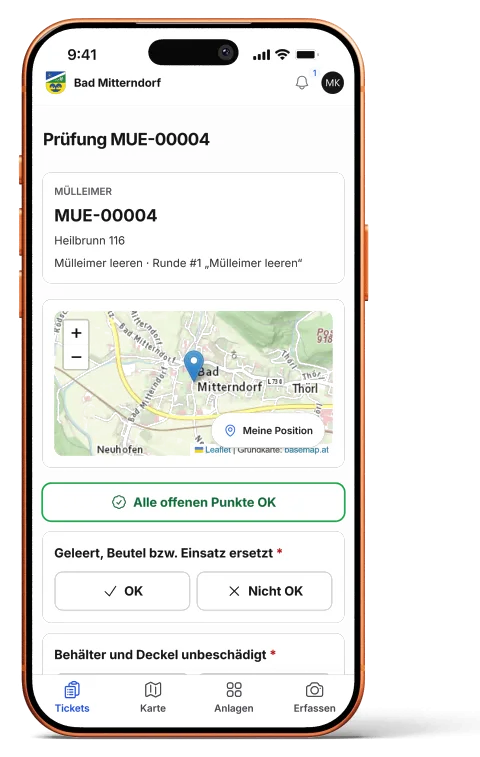 App-Ansicht einer Prüfung mit Kartenausschnitt und Checkliste mit OK- und Nicht-OK-Schaltflächen