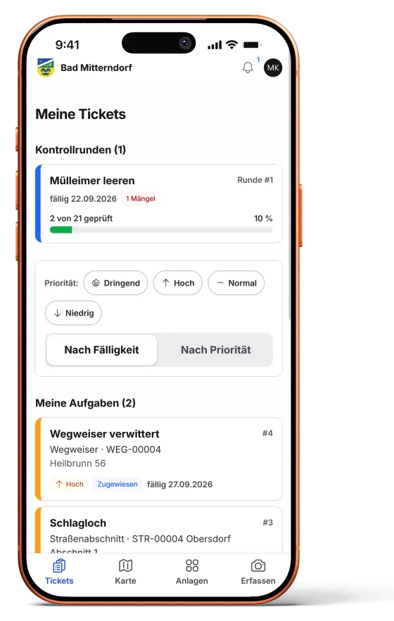 GemeindeCockpit am Smartphone: Aufgabenliste „Meine Tickets“ mit Kontrollrunde, Prioritätsfiltern und offenen Aufgaben